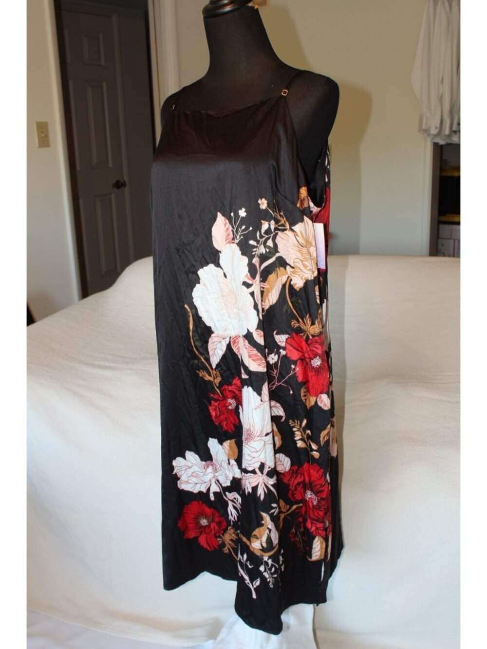 NWT Stars Above black satin floral print slip dress XL nightgown Straps Sexy